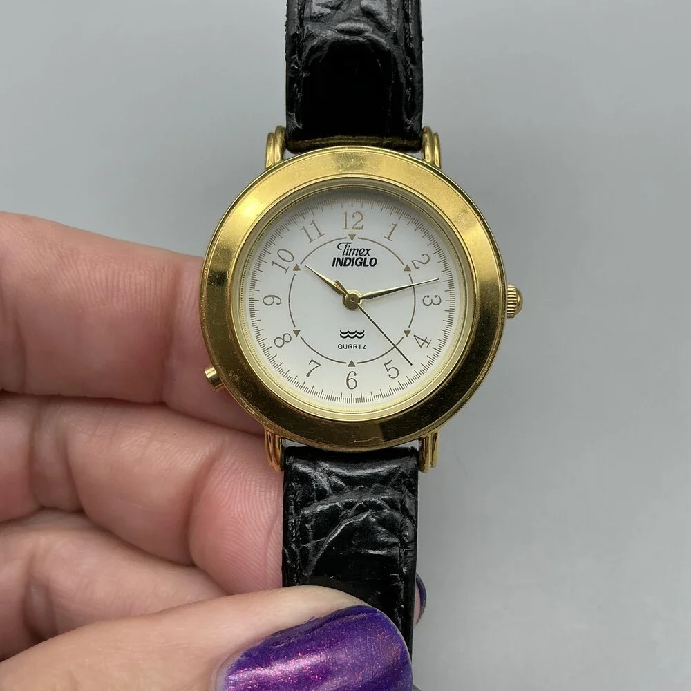 Timex Indiglo Womens Watch 31mm White Dial Gold Tone Black Leather New Battery